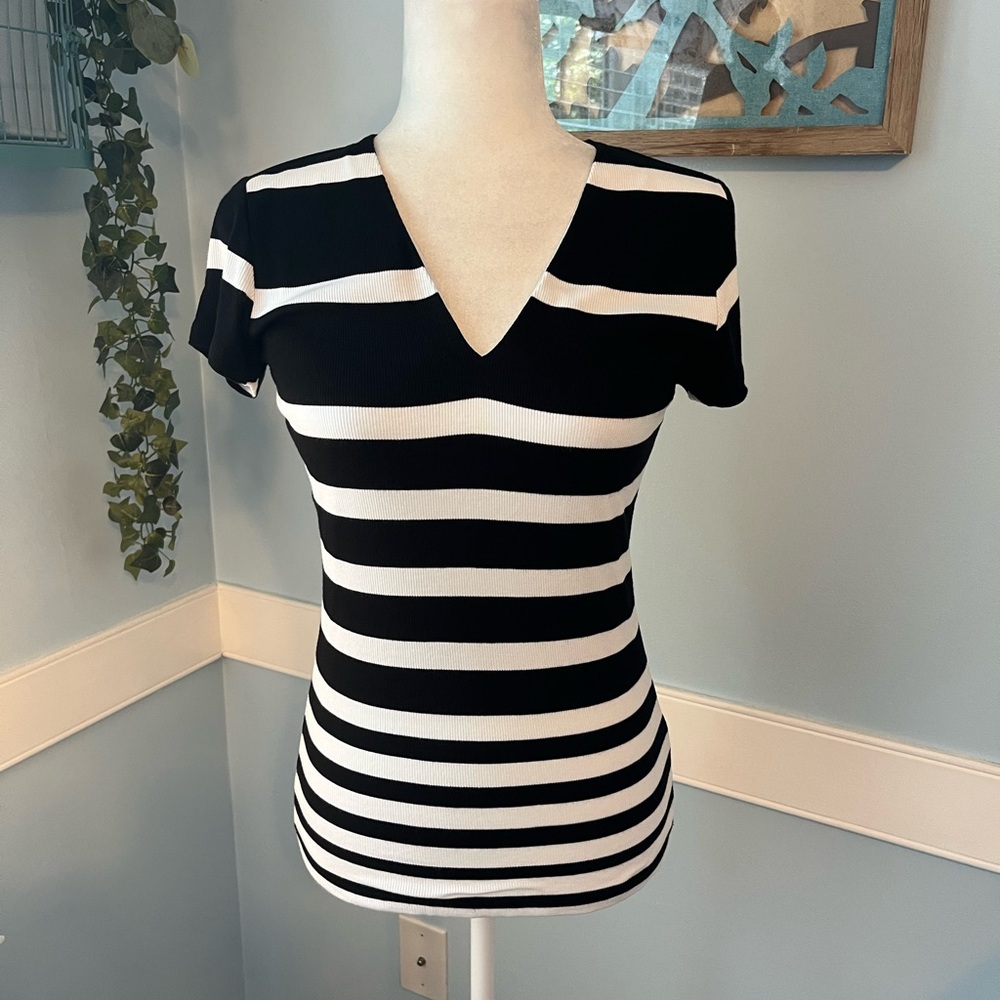 INC International Concepts Black and White Striped Short Sleeve Top